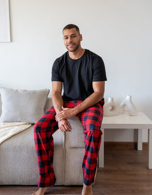 Men Summer Pajama Set Black T-shirt +Black X Red Checkered Pants